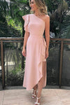 Asymmetric Flounced Pink One Shoulder Bridesmaid Dress