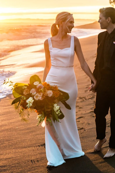Simple Long Wedding Dress With Crystal Belt