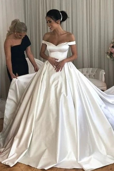 Modest Satin A Line Wedding Dress Off The Shoulder