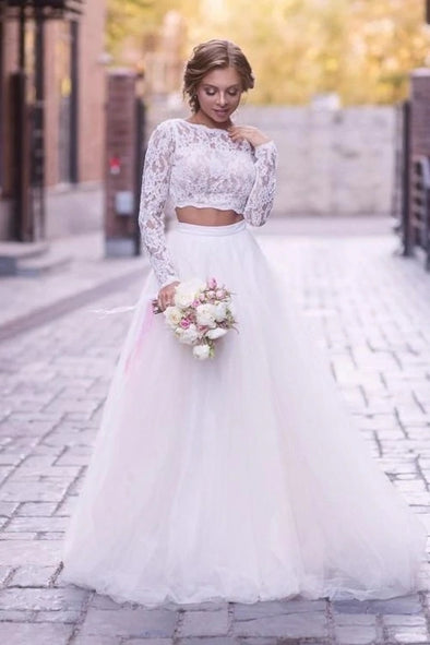 Two Pieces Lace Long Sleeves Tulle Wedding Dress Elegant Bridal Gown