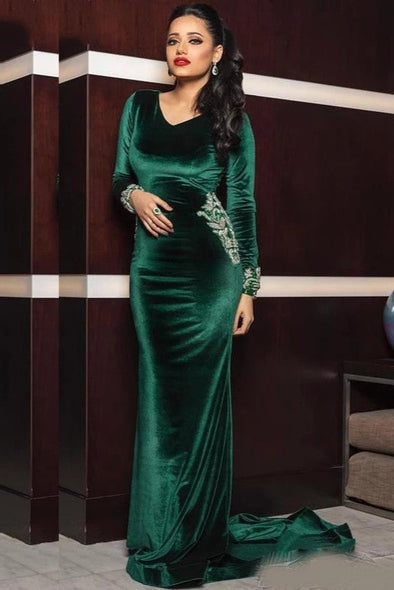 Green Velvet Evening Formal Dresses Lace Beaded V-neck Long Sleeve