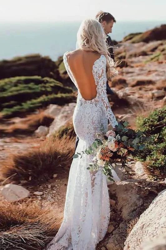Mermaid Lace Backless Chic Wedding Dresses Long Sleeves – TANYA BRIDAL