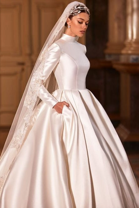 High Quality Satin Muslim Wedding Dress A Line Garden Bride Gown – TANYA BRIDAL High Quality Satin Muslim Wedding Dress A Line Garden Bride Gown – TANYA BRIDAL