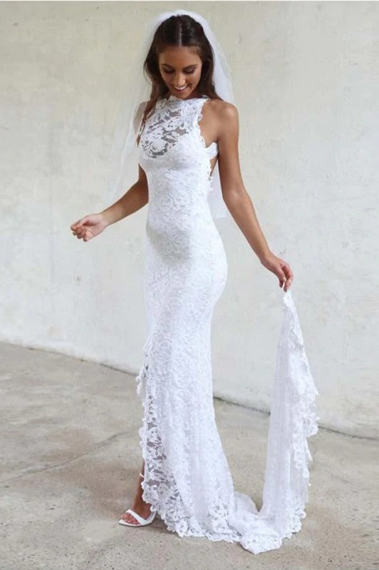 Sheath Long Lace Wedding Dress Open Back Summer Bride Gown