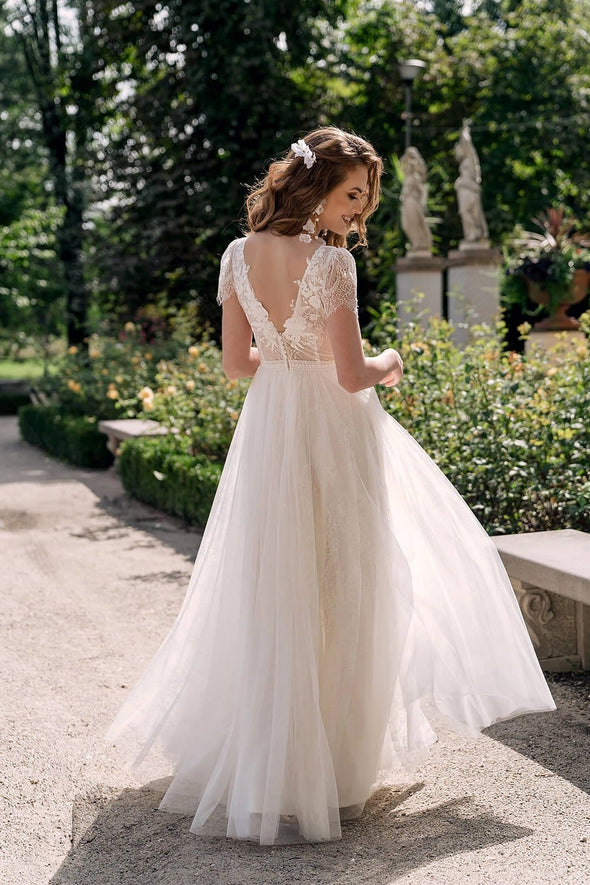 V Back Lace Tulle Boho Bridal Gowns Vestido De Noivas ZW853