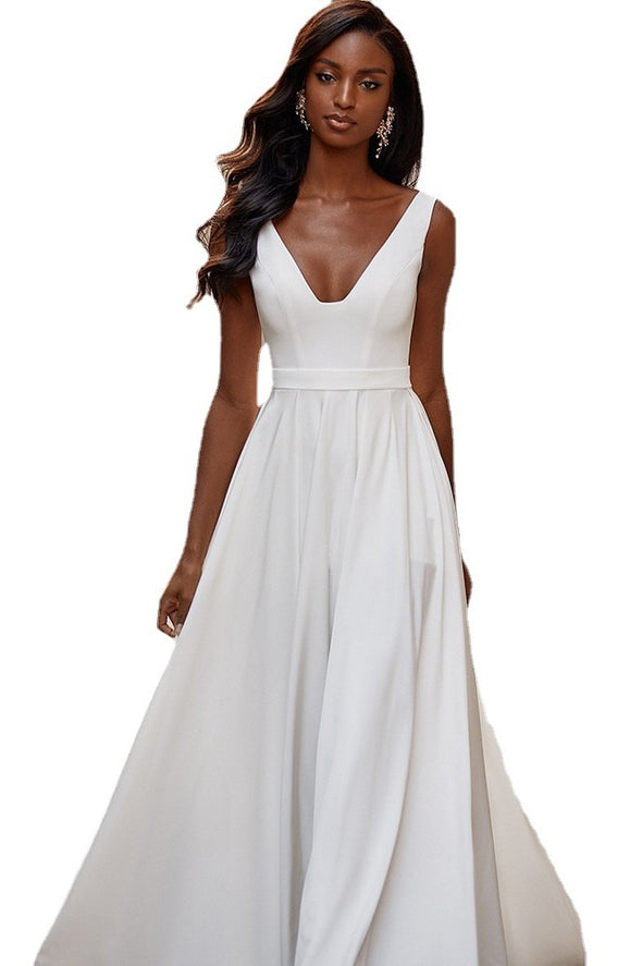 White Evening Dress A Line V Neck Side Slit Prom Gown