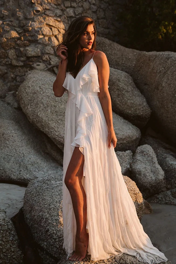 Sexy Split Beach Wedding Dresses Backless Ruffles Roamtic Bridal Gowns DW465