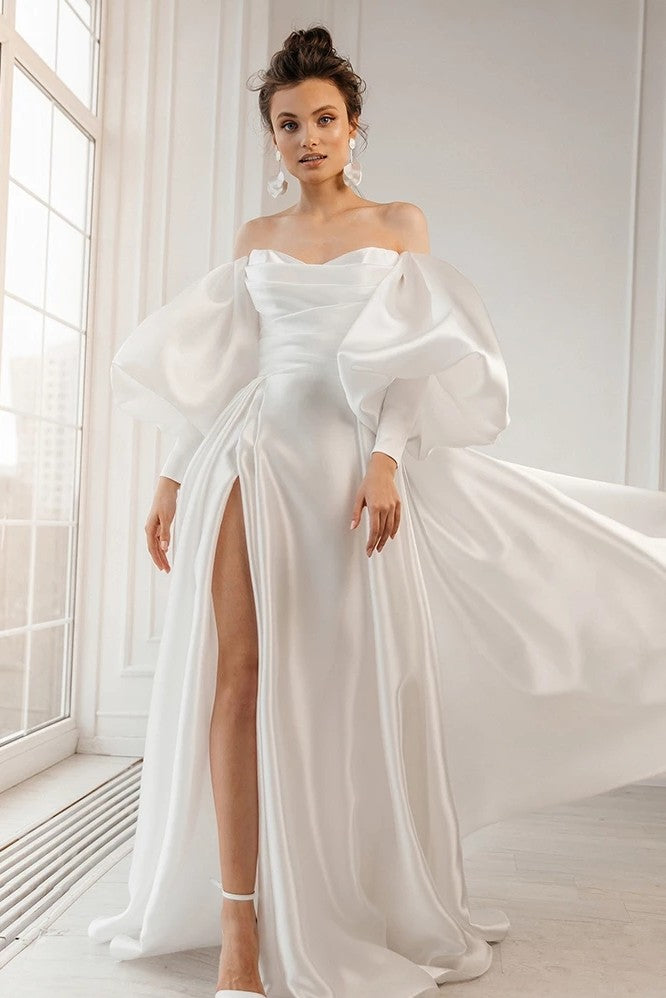Shinny Organza Satin A Line Wedding Dresses With Puff Long Sleeves ZW7 TANYA BRIDAL Shinny Organza Satin A Line Wedding Dresses With Puff Long Sleeves ZW7 TANYA BRIDAL