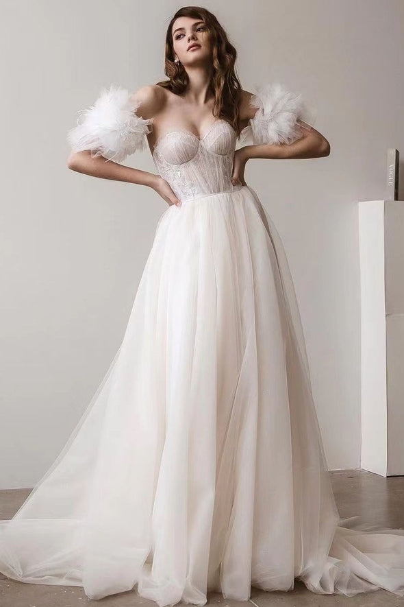 Detachable Sleeves Romantic Bridal Gown Sweep Train Chic DQG1418