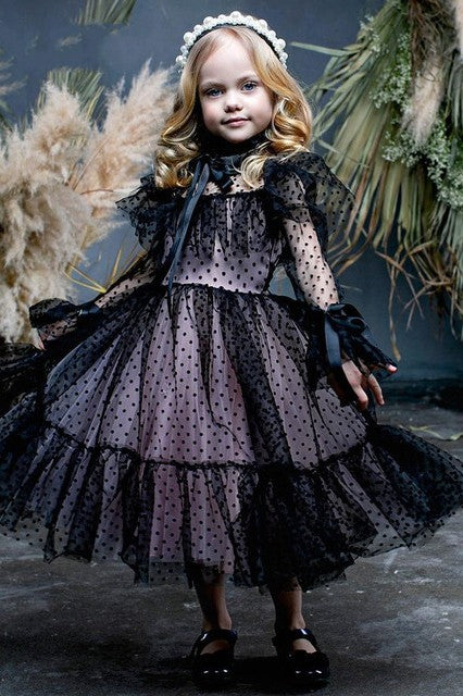 Polka-dot Tulle Flower Girl Dresses Illusion Long Sleeves – TANYA BRIDAL