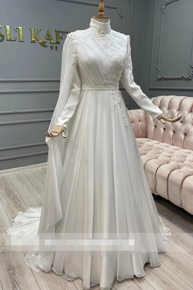 Elegant A-Line Chiffon Lace Muslim Long Sleeve Bridal Dress