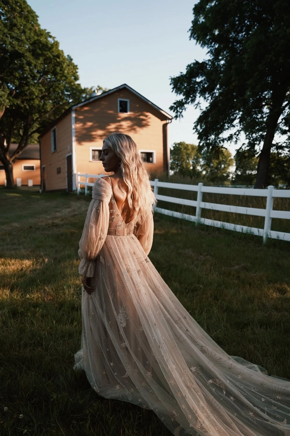 Bohemian V Neck Bling Wedding Dress Star Moon Latern Sleeves – TANYA BRIDAL