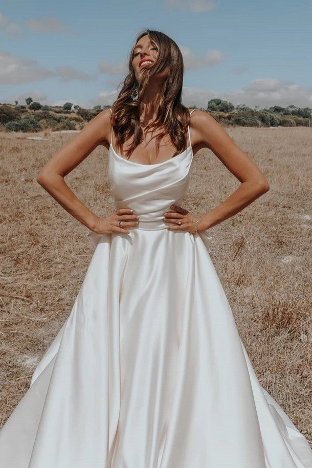 Satin A Line Simple Wedding Dresses Romantic Big Bow Bohemian Bridal Gowns ZW787 Satin A Line Simple Wedding Dresses Romantic Big Bow Bohemian Bridal Gowns ZW787