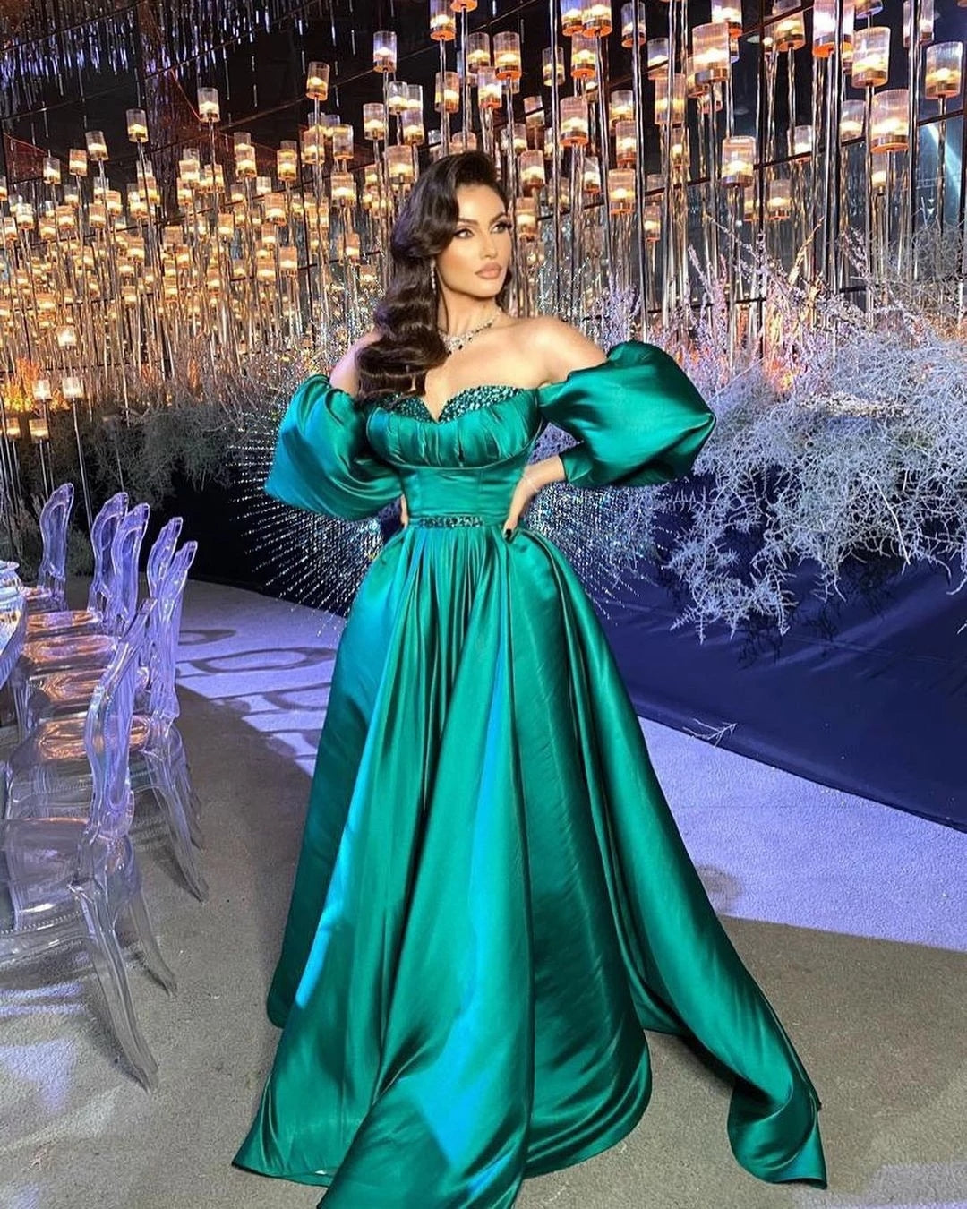 Green Satin Prom Dresses Puffy Sleeves TANYA BRIDAL Green Satin Prom Dresses Puffy Sleeves TANYA BRIDAL