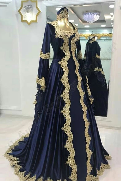 Arabic Long Evening Dress With Gold Lace Appliques