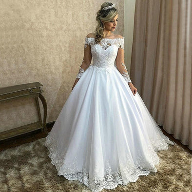 Off the Shoulder Long Sleeve Ball Gown Lace Wedding Dresses