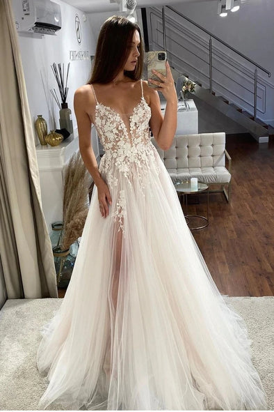 A Line Lace Appliques Tulle Champagne Lining Boho Wedding Dress