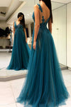 Teal Green V Neck Mesh Tulle Lace A Line Prom Dress Long