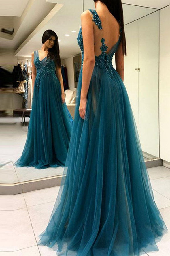 Teal Green V Neck Mesh Tulle Lace A Line Prom Dress Long