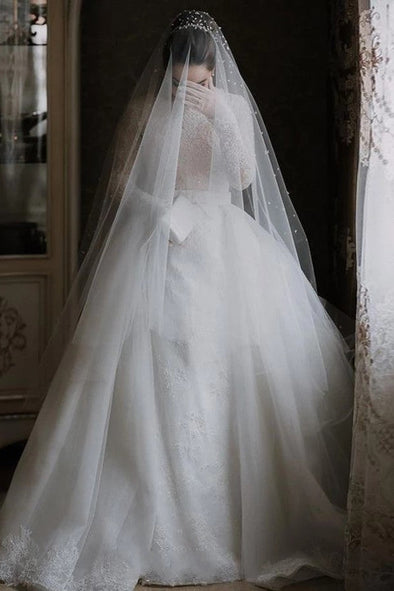 Long Sleeves Lace Ball Gown Romantic Muslim Wedding Dress
