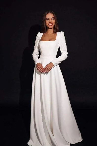 square neck a line wedding dress with sleeves A-Line Square Neck Short Sleeves Vintage Wedding Dress TD001 US6 / Custom Color