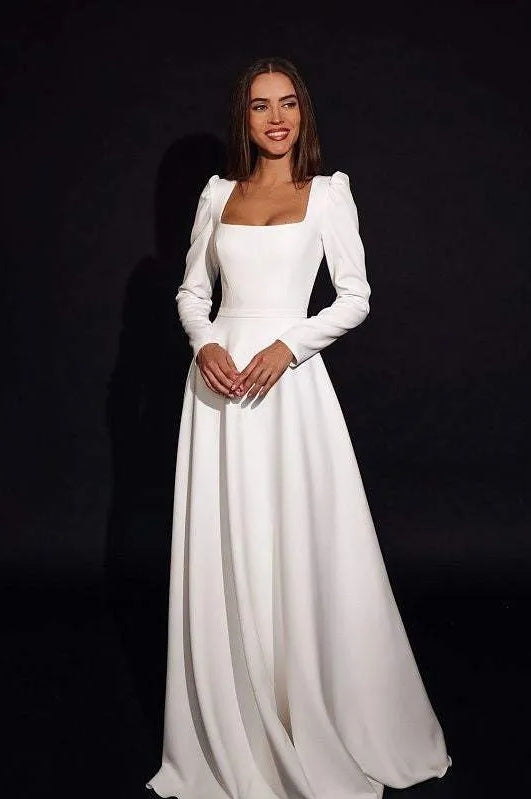 Square Neck Modern A Line Wedding Dresses With Long Sleeves - Square Neck Modern A Line Wedding Dresses With Long Sleeves -