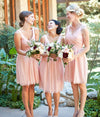 Chiffon Bridesmaid Dress Pink V-neck Backless Ruched Maid of Honor Gown