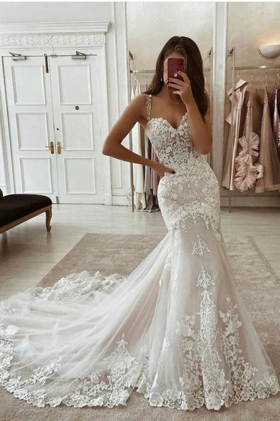 Ivory Lace Champagne Lining Wedding Dress Mermaid