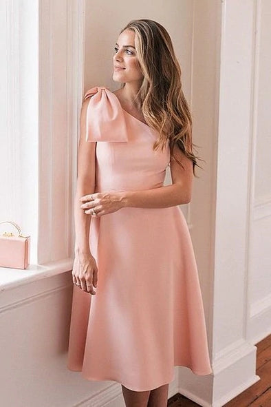 One Shoulder A Line Short Pink Bridesmaid Dress