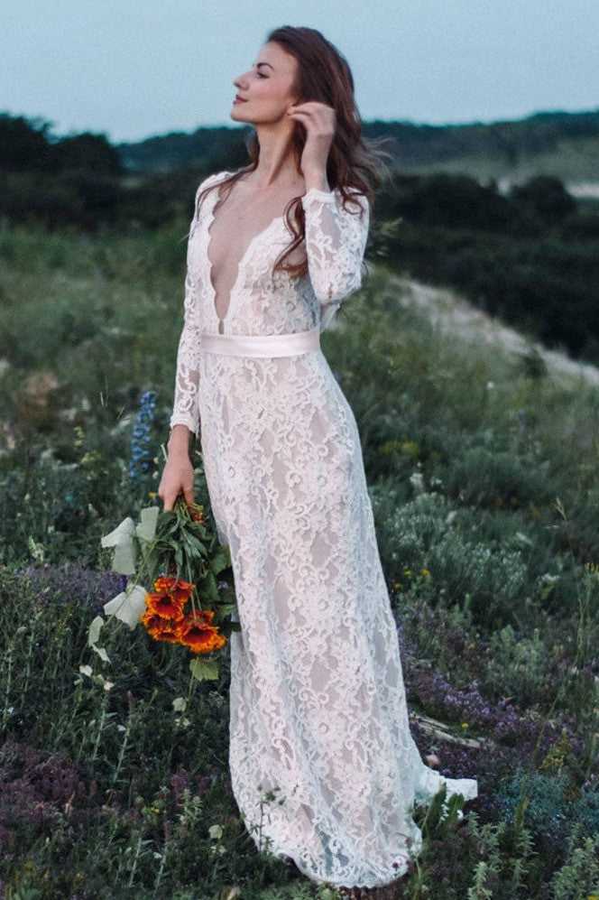 Ivory Lace Nude Lining Sheath V Neck Open Back Wedding Dress Long Slee TANYA BRIDAL Ivory Lace Nude Lining Sheath V Neck Open Back Wedding Dress Long Slee TANYA BRIDAL