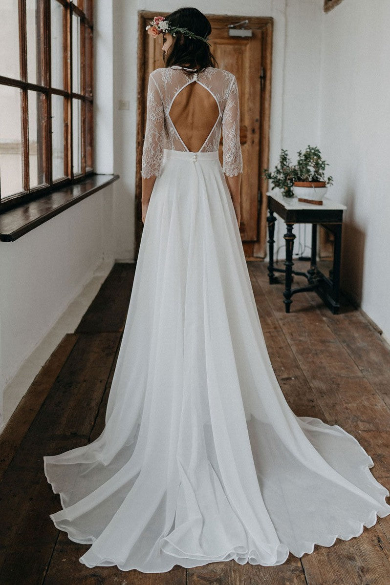 Bohemian Long Wedding Dress With Lace Top Chiffon Open Back Bridal Gow TANYA BRIDAL Bohemian Long Wedding Dress With Lace Top Chiffon Open Back Bridal Gow TANYA BRIDAL
