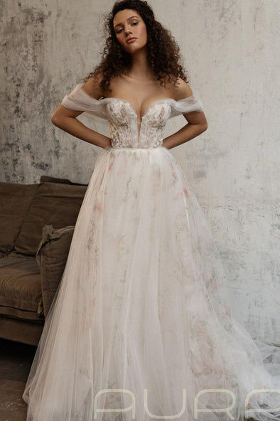 Bohemian A Line Floral Lace Off The Shooulder Wedding Dresses