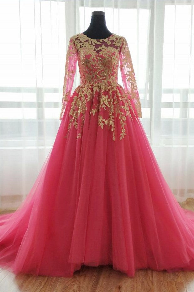 Hot Pink Long Muslim Wedding Dress With Gold Sequins Applique TANYA BRIDAL Hot Pink Long Muslim Wedding Dress With Gold Sequins Applique TANYA BRIDAL