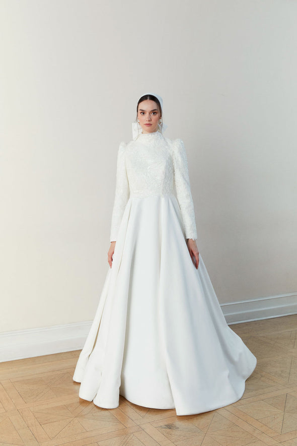 Lace Muslim Wedding Dresses A Line Satin Bridal Gown