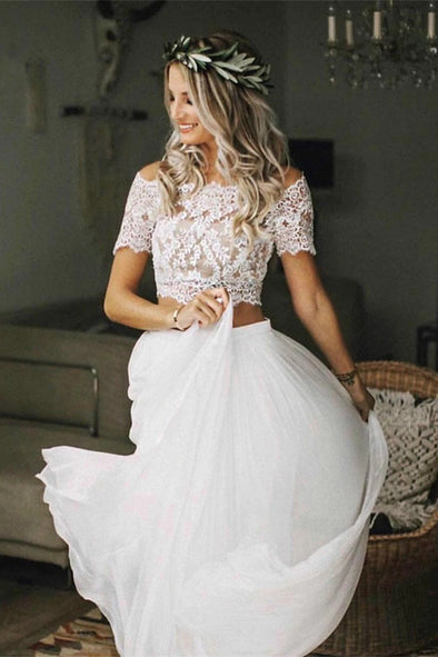 Two Pieces Lace Chiffon Off The Shoulder Bohemian Wedding Gown