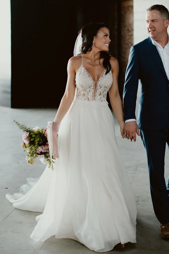 A Line Deep V Lace Appliques Wedding Dresses Chic