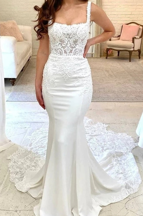 Mermaid Lace Appliques Satin Court Train Wedding Dress