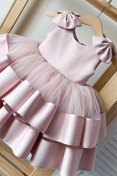Puffy Layers Pink Flower Girl Dresses Satin Bow Kids