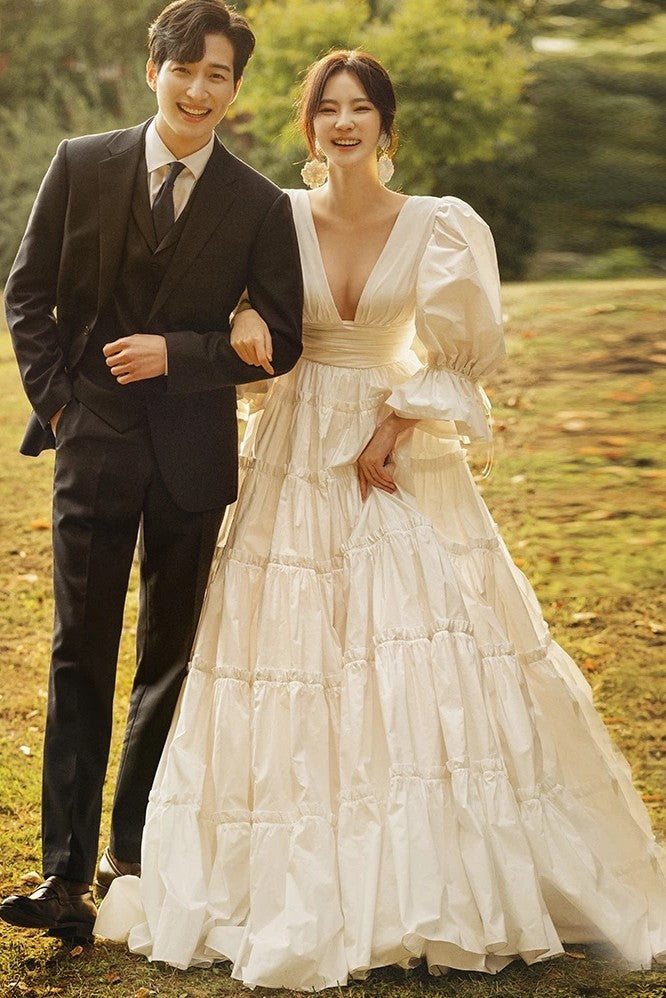 taffeta wedding dress Taffeta A Line Wedding Dresses Short Puff Sleeve ZW703 – TANYA BRIDAL