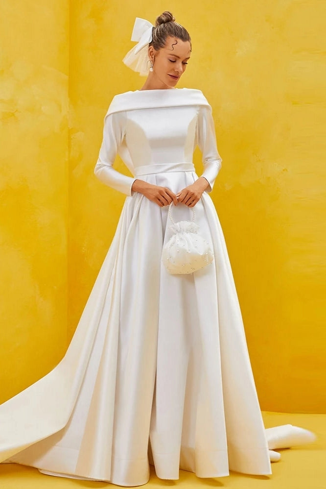 Off Shoulder Short Sleeve A-Line Simple Satin Wedding Dress – TANYA BRIDAL