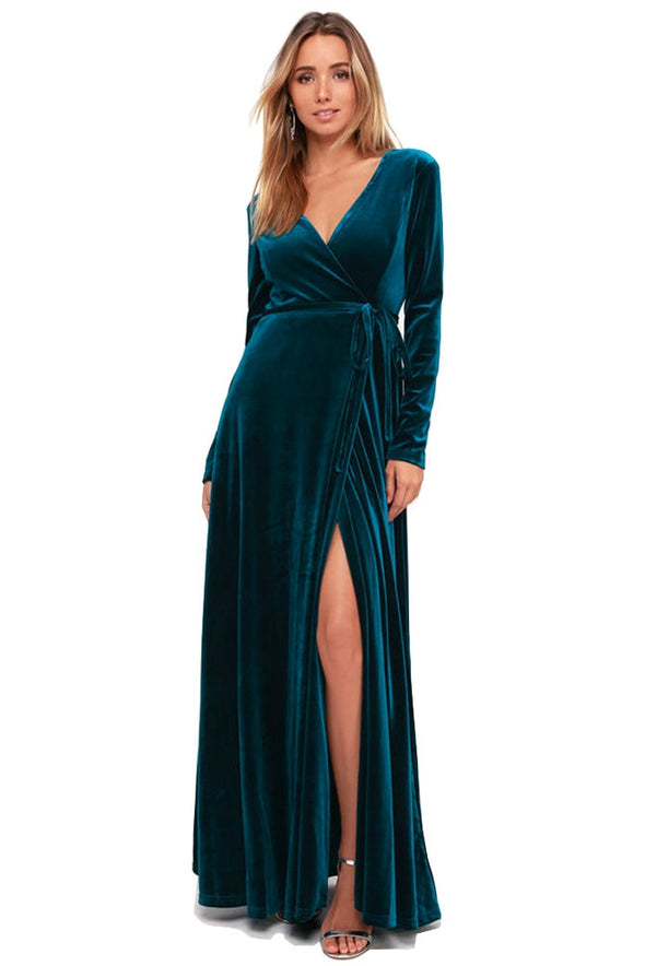 Winter V Neck Full Sleeves A Line Velvet Women Evening Dress