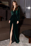 Peacock Green A Line Velvet Evening Dress V Neck Long Sleeves