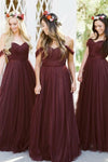 A-Line Off The Shoulder Floor Length Burgundy Bridesmaid Dress