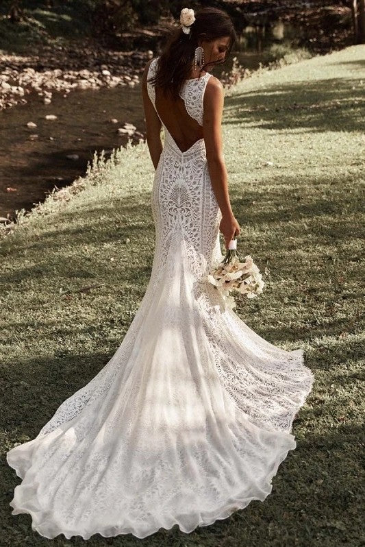 Chic Boho Wedding Dress Lace Sexy V Neck Backless