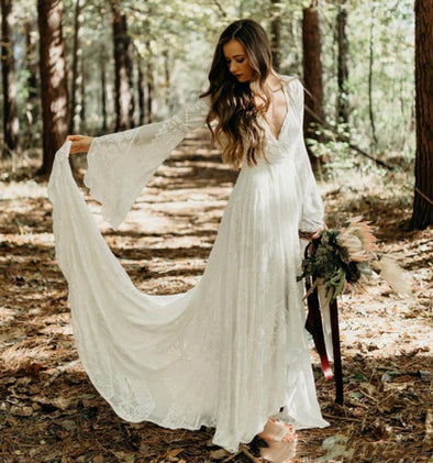Country Style Boho Lace Wedding Dresses With Long Sleeves TBW39