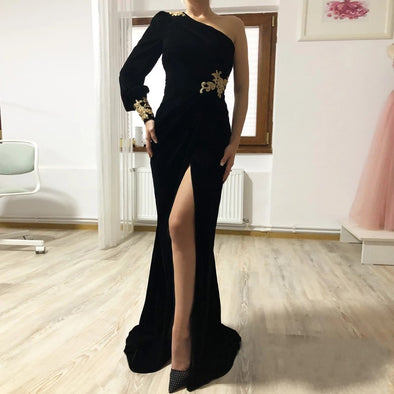 Elegant Black Formal Dress Mermaid One Shoulder Evening Gowns 242231135
