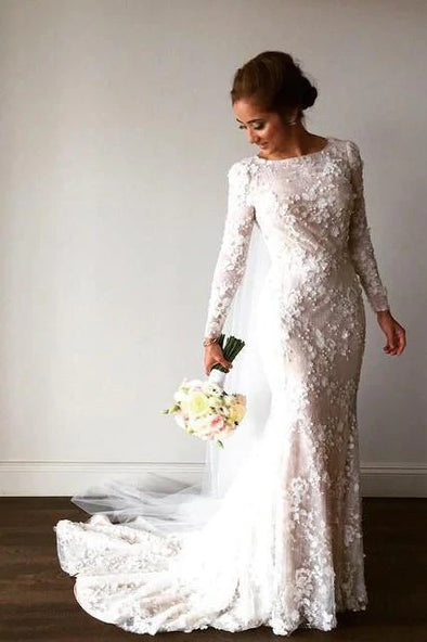 Mermaid Long Sleeves 3D Lace Appliques Flower Wedding Dresses