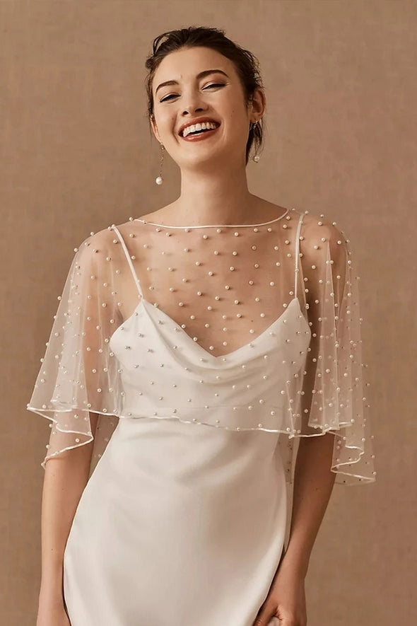 Hand-Sewn Pearl Wedding Cape Romantic Sheer Topper Bridal Bolero DJ165