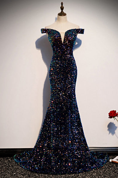 Navy Blue Sequins Mermaid Off The Shoulder Long Evening Dress