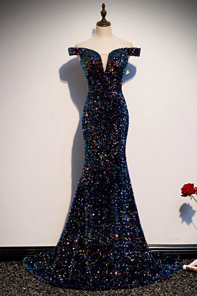 Navy Blue Sequins Mermaid Off The Shoulder Long Evening Dress TANYA BRIDAL Navy Blue Sequins Mermaid Off The Shoulder Long Evening Dress TANYA BRIDAL